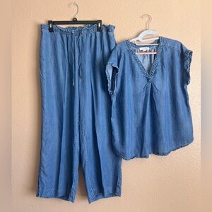 Liz Claiborne & Anne Klein Blue Demin Matching Set V-Neck Top Wide Leg Pants Lg